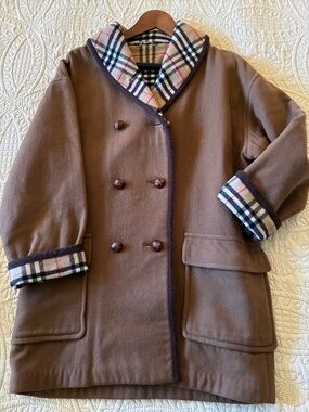 Burberry Brown wool Pea Coat with Plaid Trim